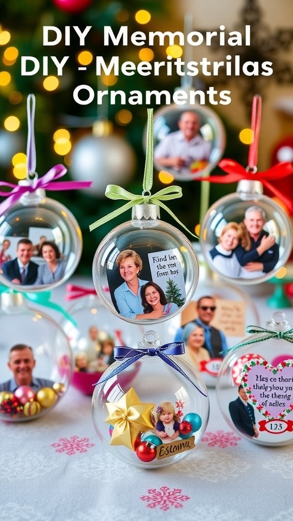 A variety of DIY memorial Christmas ornaments with photos and decorations on a festive table.